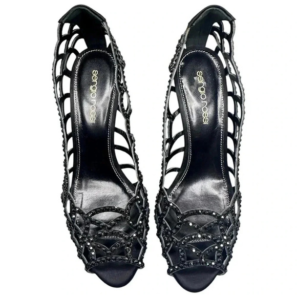 Sergio Rossi Mermaid Cut-Out Crystal Embellished Open Toe Pumps in Black. Size 6 - Picture 5 of 6